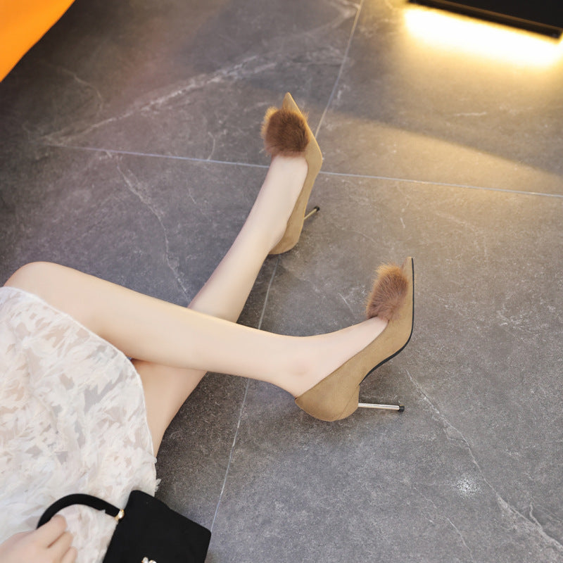 Women's Spring Style Black Fur High Stiletto Not Tired Women's Fashion Shoes