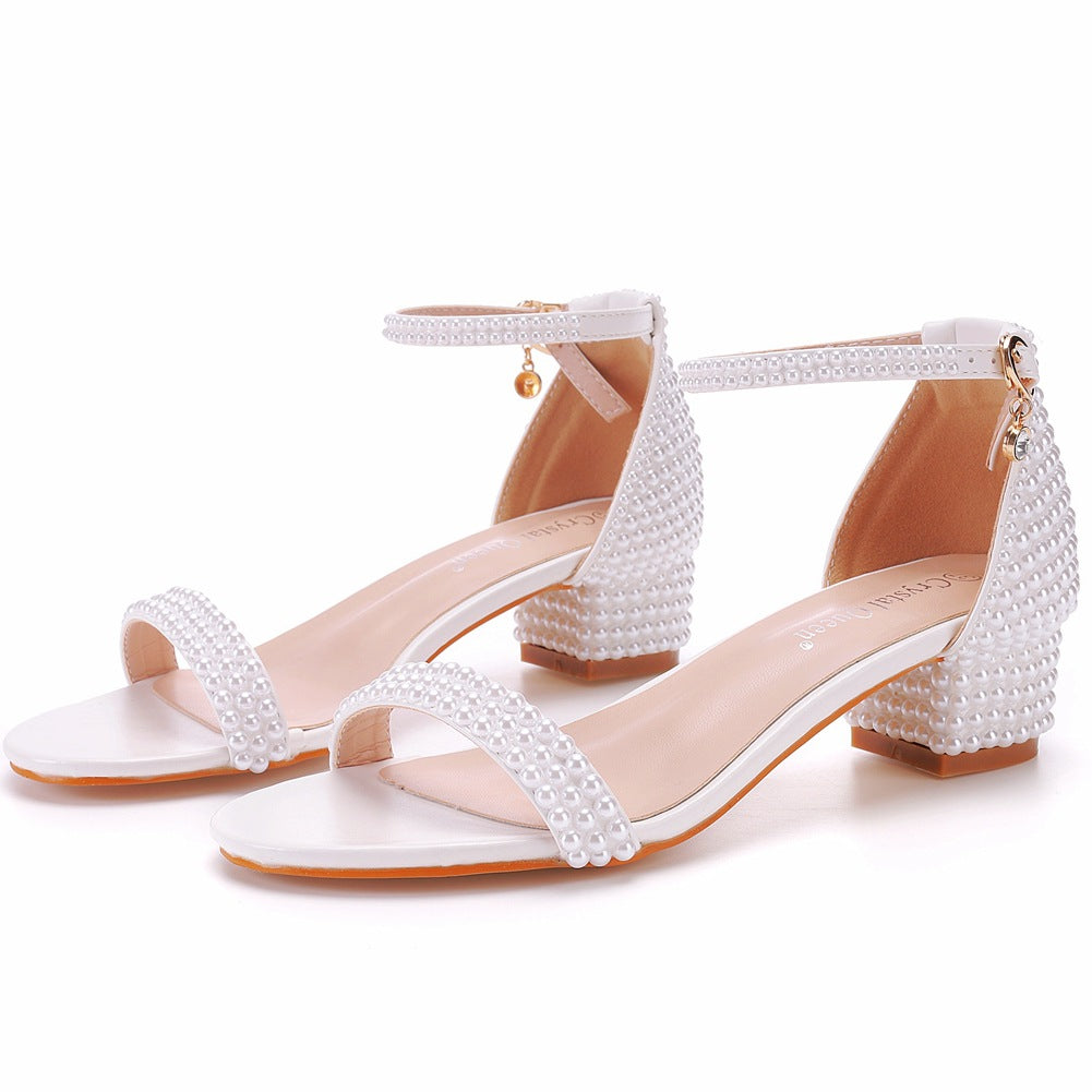 Low-cut Strap Round Toe Root White Heels