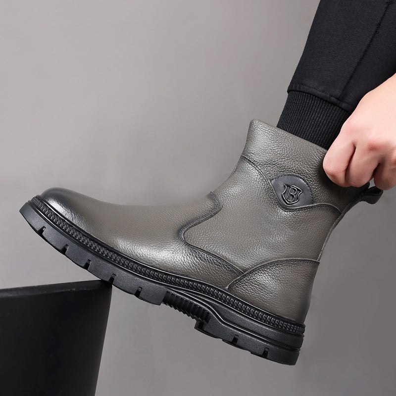 Men's Layer Cowhide Cotton Wool Fleece-lined Warm Boots