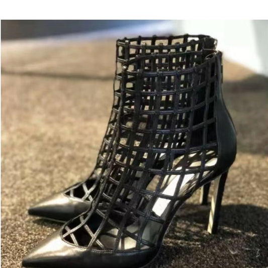 Women's Pointed High Pierced Black Stiletto Ankle Heels