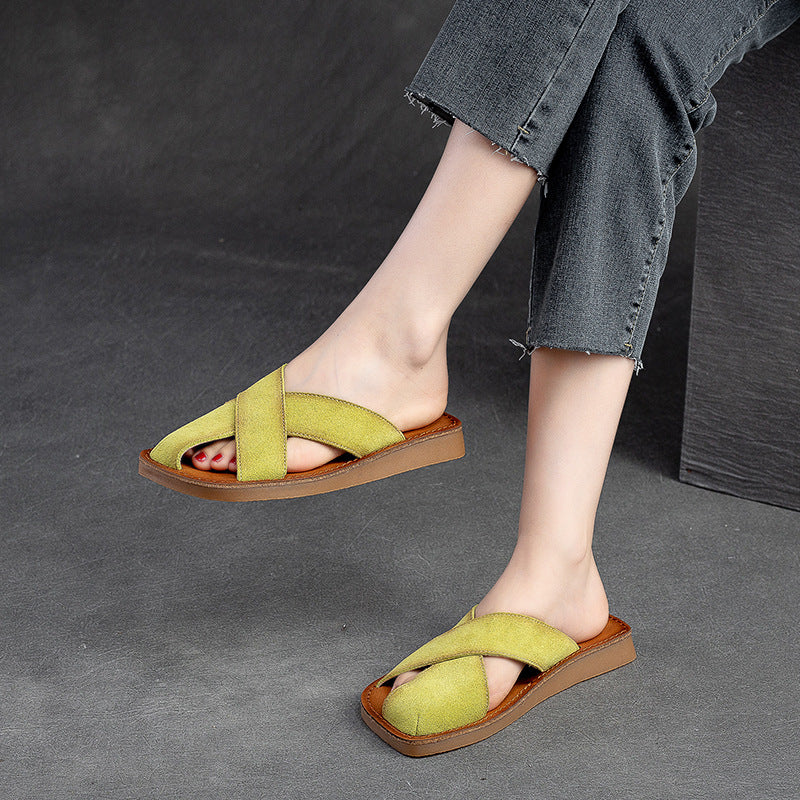 Women's Breathable First Layer Cowhide Simple Round Sandals