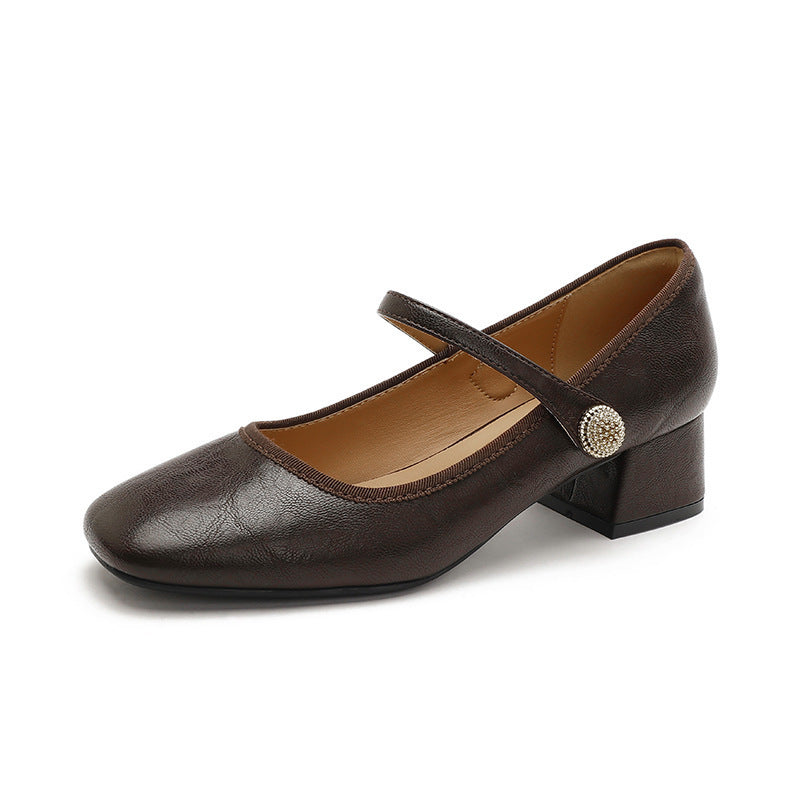 Women's Sheepskin Version French Genuine Mary Jane Retro Word Heels