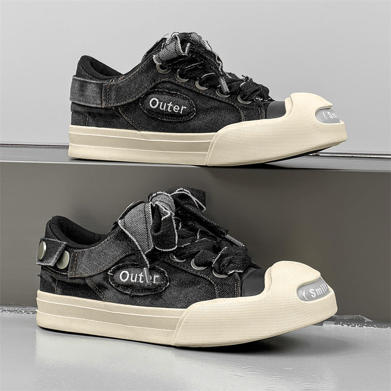 Men's Smiling Platform Denim Big Head Green Canvas Shoes