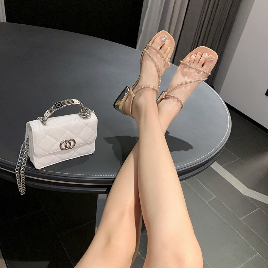 Women's Cute Gold Square Toe Transparent Rhinestone Sandals