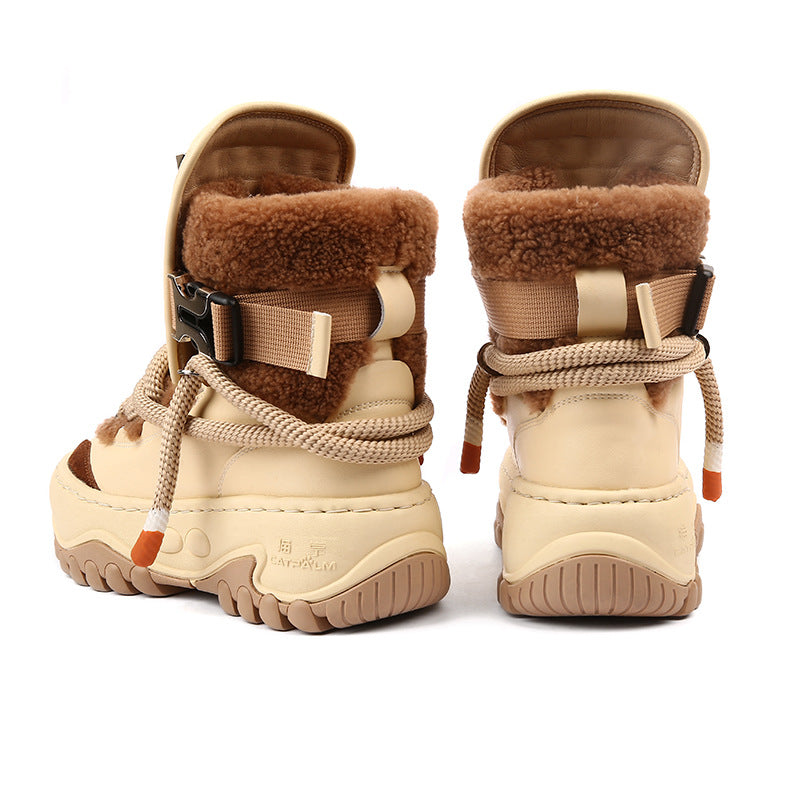 Women's Sheepskin Fur Integrated Fleece-lined Thick Cowhide Platform Snow Boots