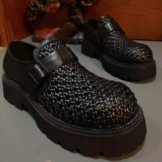 Men's Platform Tide Hand-woven Slip-on Hollow Breathable Business Height Leather Shoes
