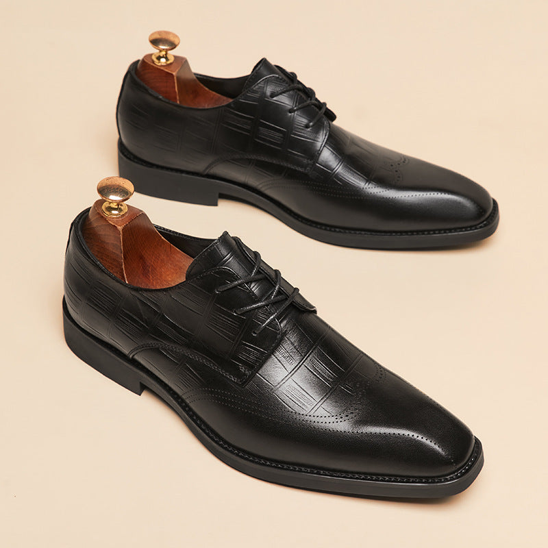 Men's Genuine Square Toe Brogue Derby First Layer Cowhide Business Leather Shoes