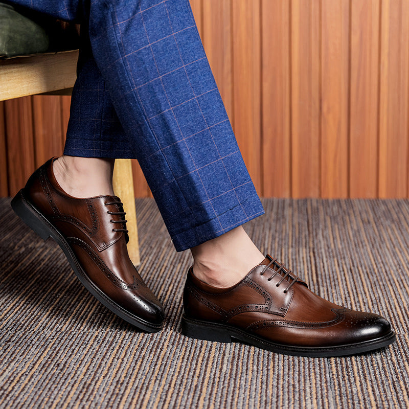 Men's Spring Breathable Genuine Cattlehide Surface Carved Men's Business Leather Shoes
