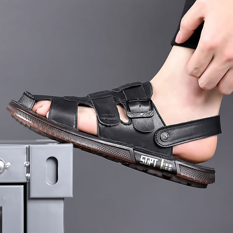 Men's Toe Outer Wear Genuine Beach Driving Full Cowhide Soft Sandals