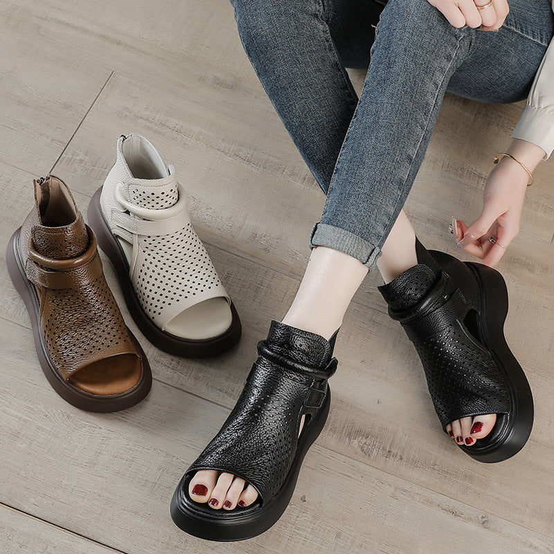 Women's Cowhide Platform Hollow Peep Toe Roman Genuine Retro Sandals