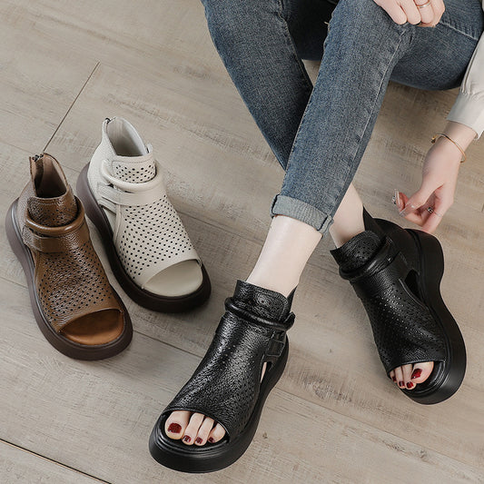 Women's Cowhide Platform Hollow Peep Toe Roman Genuine Retro Sandals