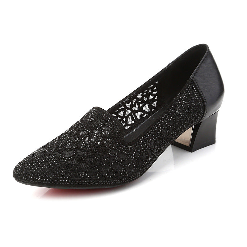 Women's Mesh Rhinestone Closed Toe Mid Mom Heels