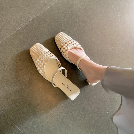 Women's French Style Vintage Weave Chunky Muller Heels