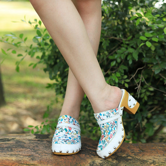 Genuine Printed Fresh Floral Pastoral Style Heels