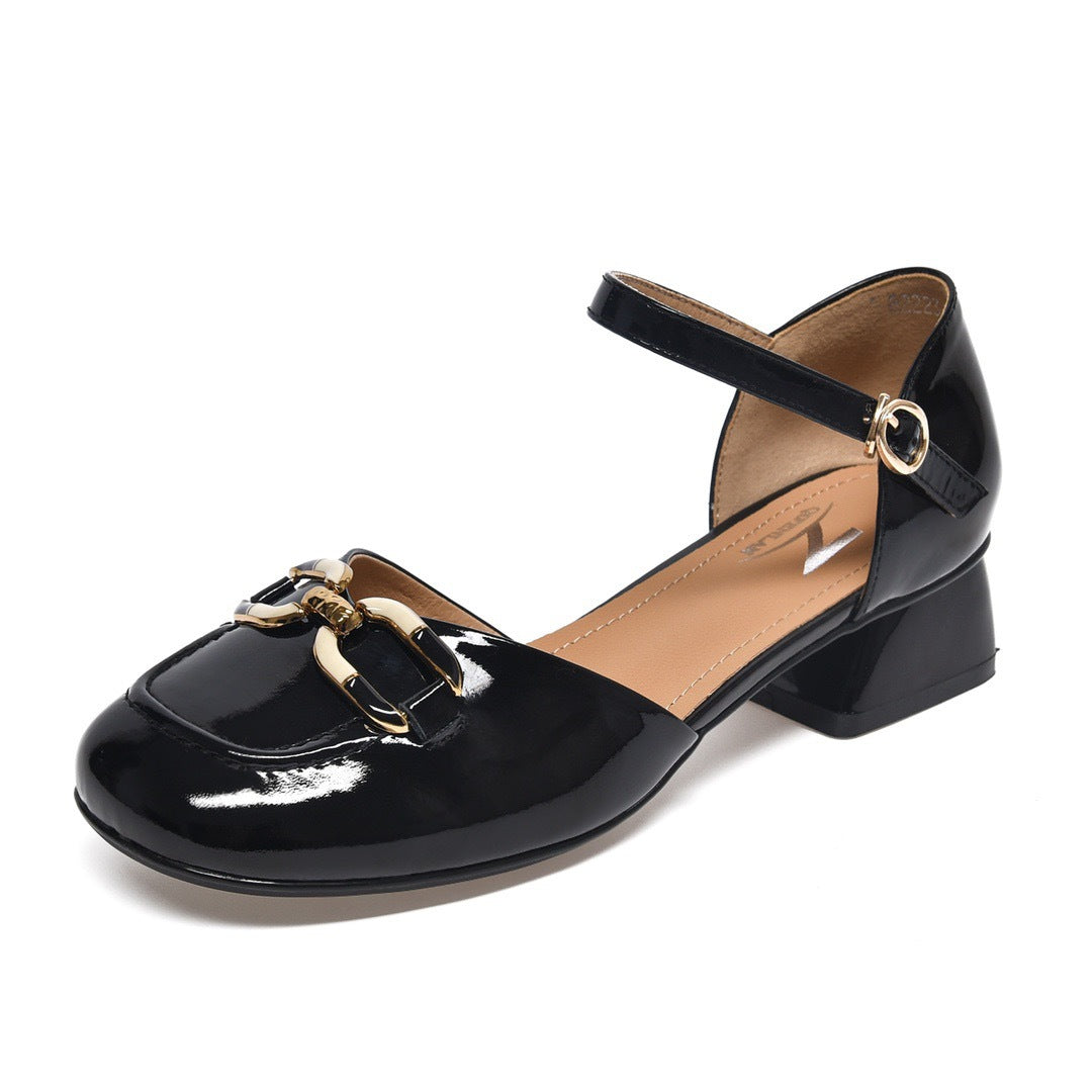 Women's Closed Toe Chunky Mid Patent Soft Heels