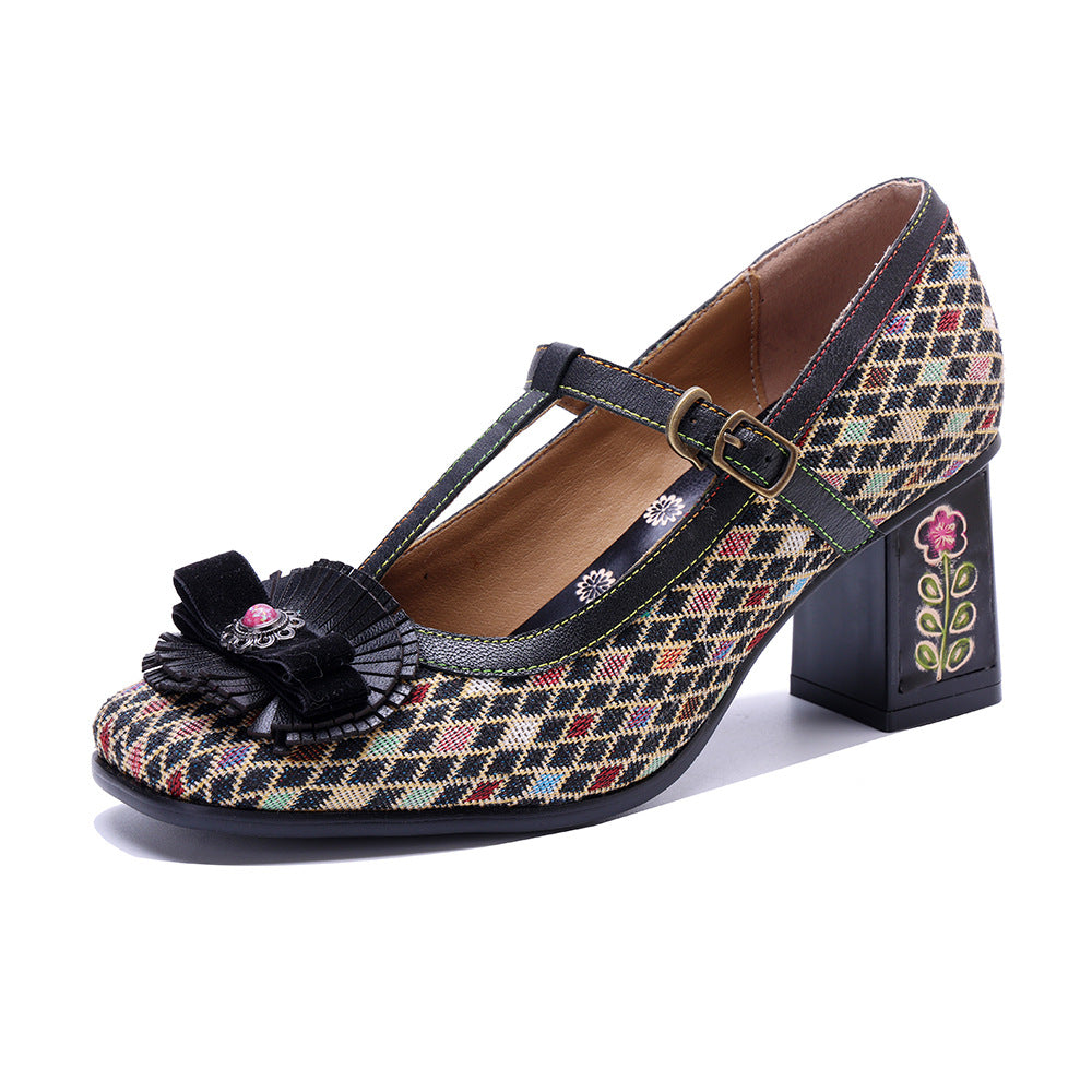 Women's Plaid Printed Three-dimensional Flower Mary Jane Women's Shoes