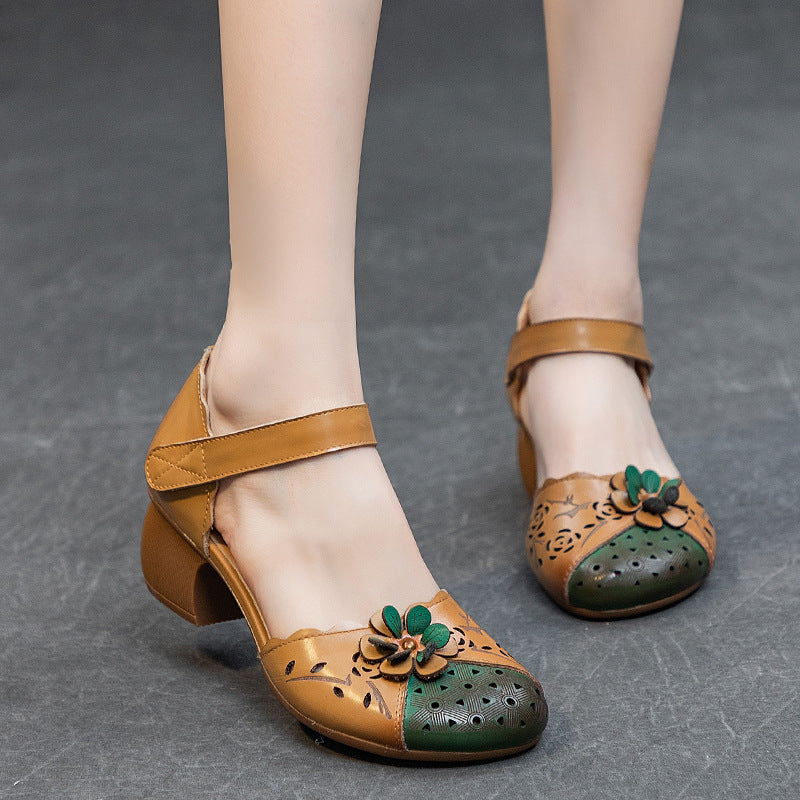 Women's Hollowed Ethnic Style Top Layer Cowhide Thick Velcro Flower Heels