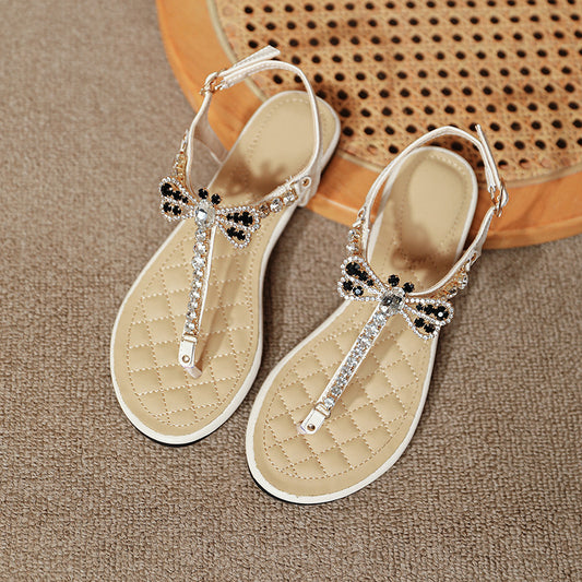 Women's Round Toe Bowknot Sweet Flat Summer Fashion Rhinestone Sandals