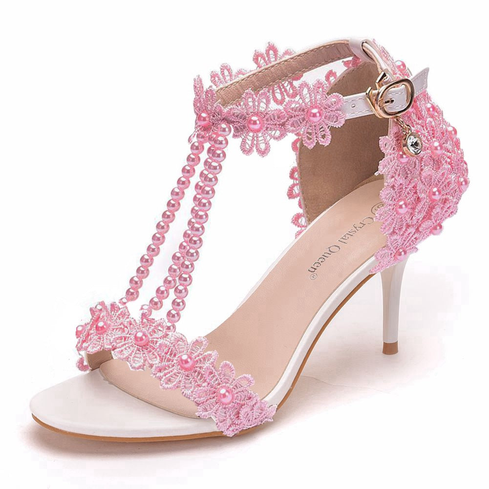 Strap Stiletto Beaded White Lace Flower Heels