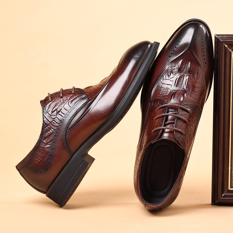 Men's Top Layer Cowhide British Style Genuine Brogue Crocodile Pattern Formal Men's Shoes