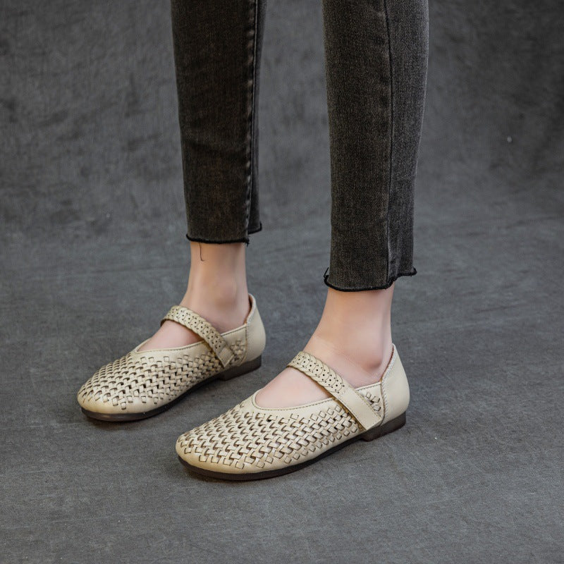 Women's Handmade Retro Hollow First Layer Cowhide Flat Bottom Casual Shoes