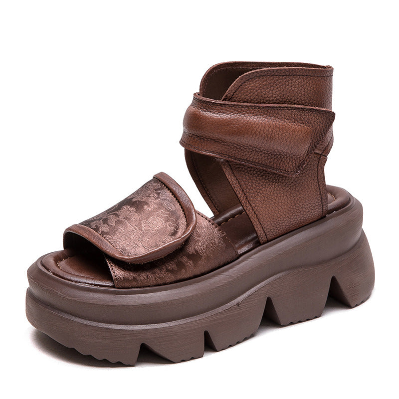 Women's Cowhide Summer Platform Hollow Breathable National Style Fish Sandals