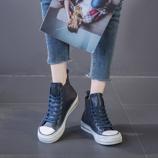 Women's & Men's High Top White Cowhide Flat Round Sneakers