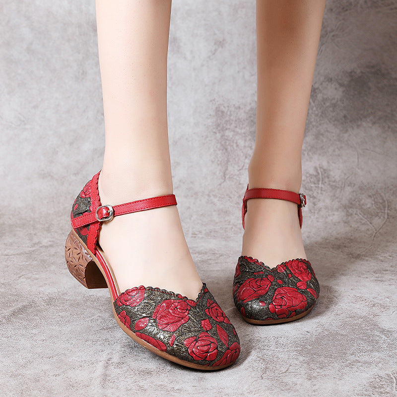 Women's First Layer Cowhide Thick Mid Multicolor Heels