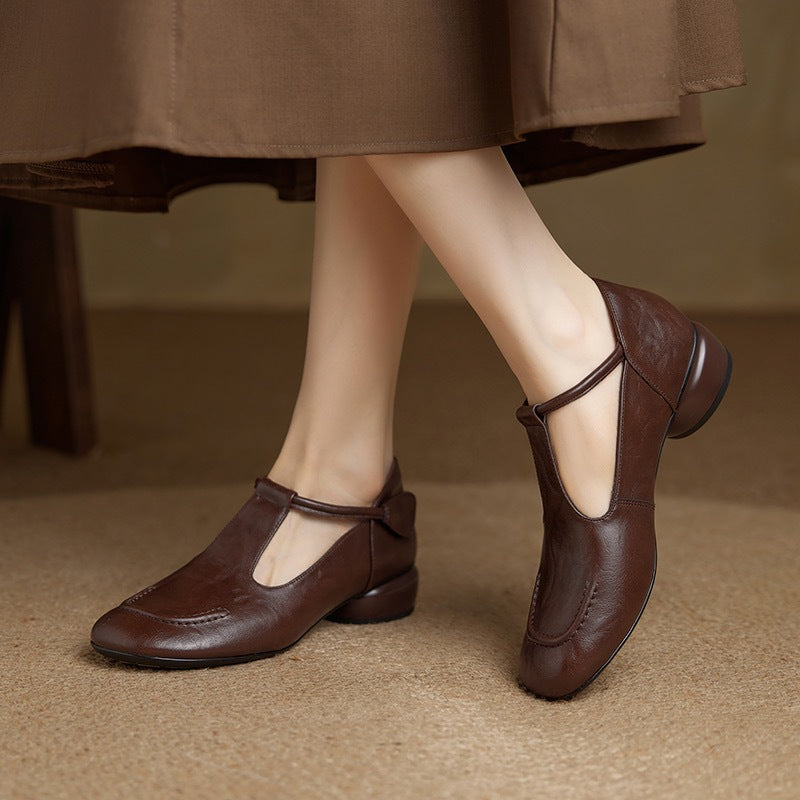 Women's Soft Cowhide Mary Jane Mid Chunky Low-cut Round Head Women's Fashion Shoes