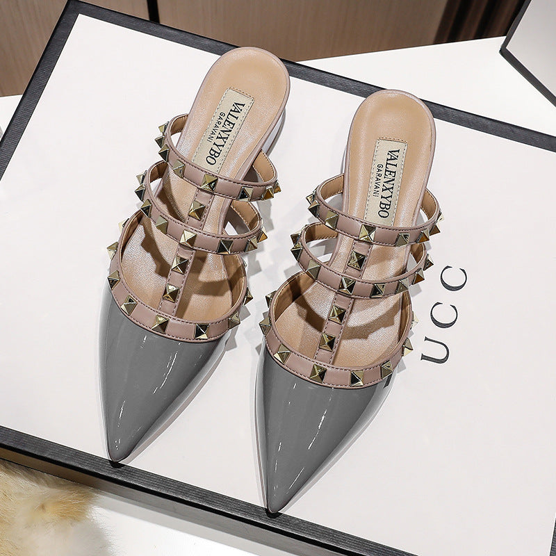 Women's Home Rivet Summer Nude Patent Sexy Back Empty Heels