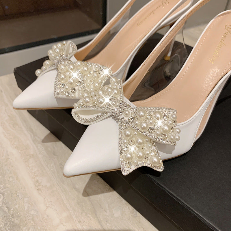 Women's Toe Stiletto Pointed Low-cut Rhinestone Pearl Heels