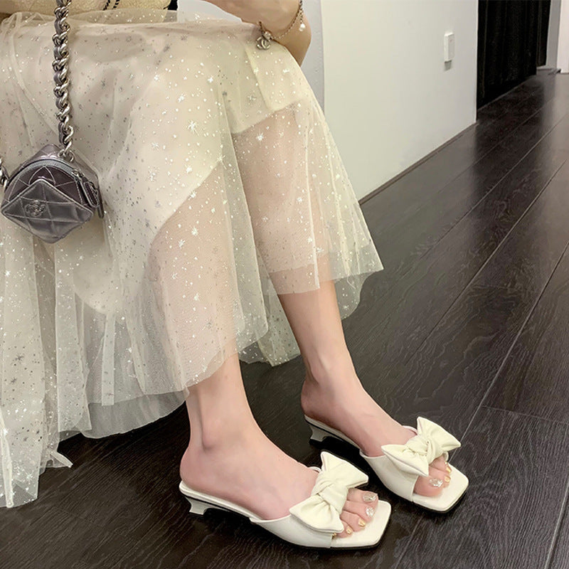 Women's French Style Bow Square Toe Short Sandals