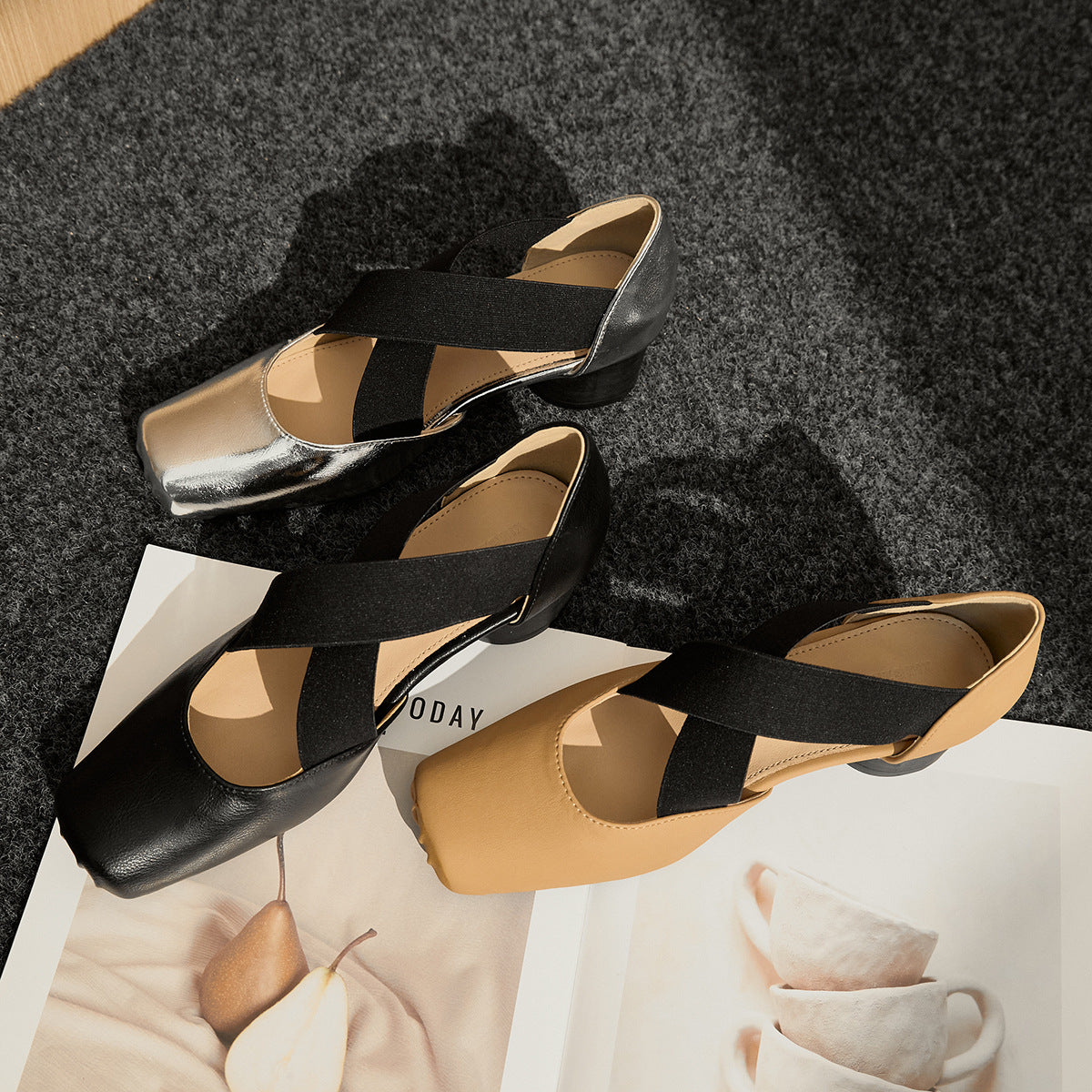 Cross Strap Square Head Chunky High Pig Nose Women's Shoes