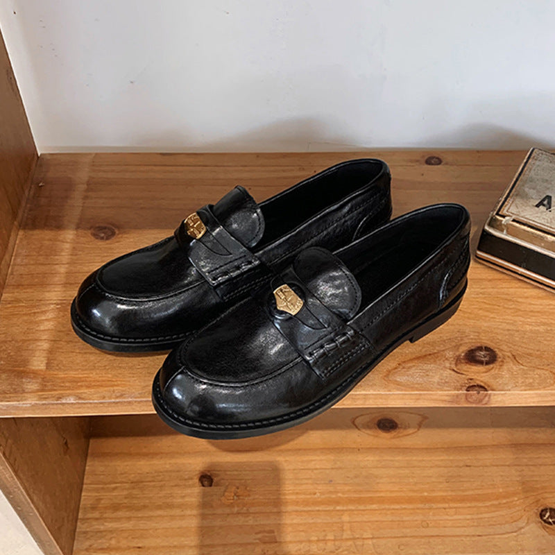 Women's Round Head Thick Bottom Retro Rub Colored Small Gold Loafers