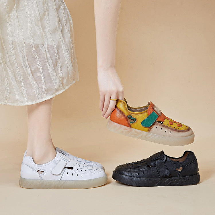 Women's Velcro Hollow Hole Roman Tendon Bottom Soft Hand-knitted Sandals