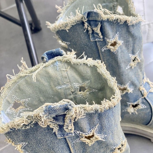 Women's Summer Western Denim Martin Mid Short Hollow Boots