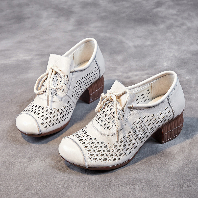 Women's Hollow Breathable First Layer Cowhide High Soft Heels