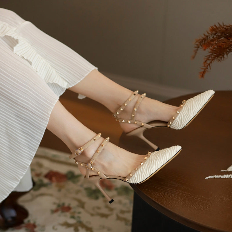 Women's Summer Pointed High Stiletto French Rivet Heels