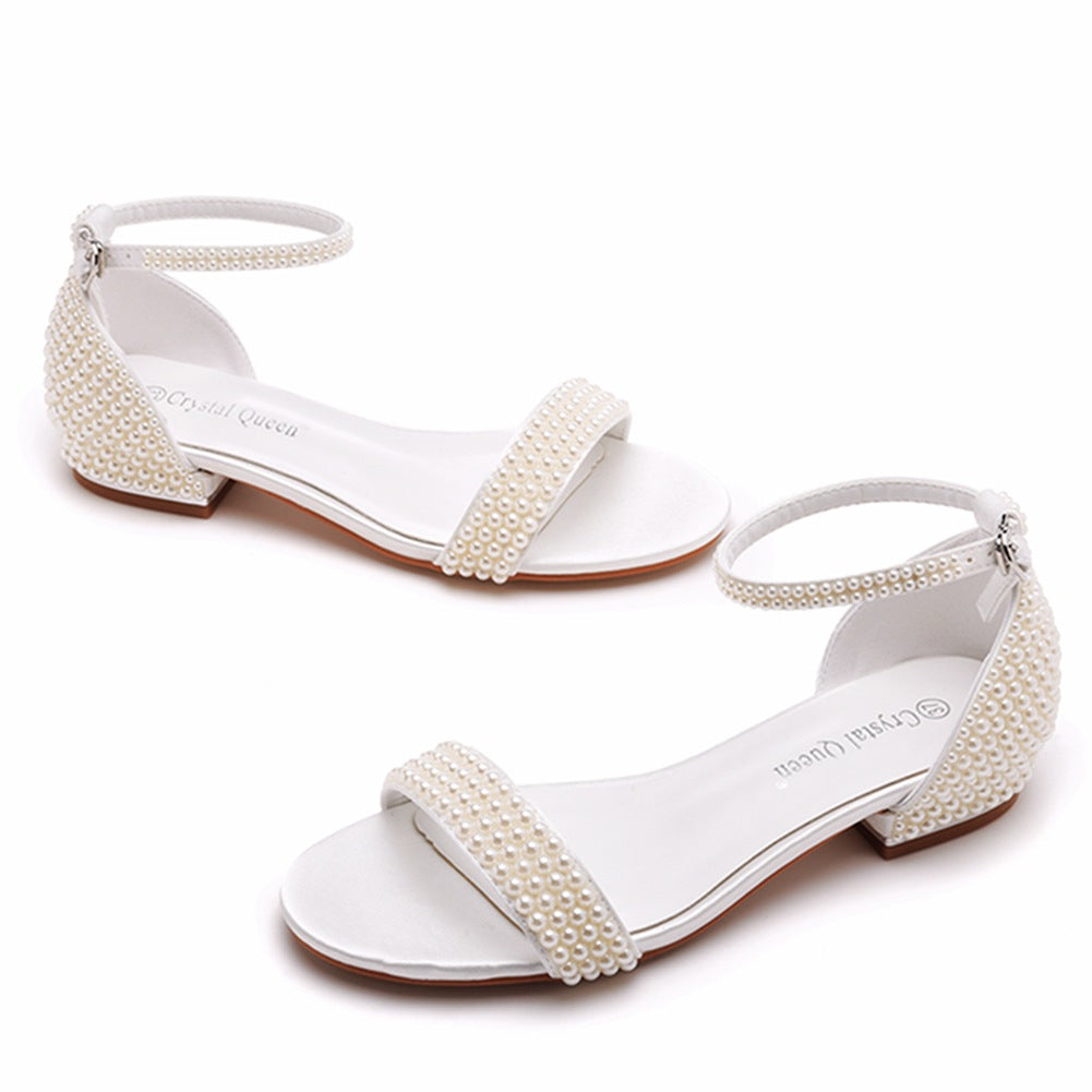 Women's Buckle Ivory White Silk Satin Cloth Bridal Sandals