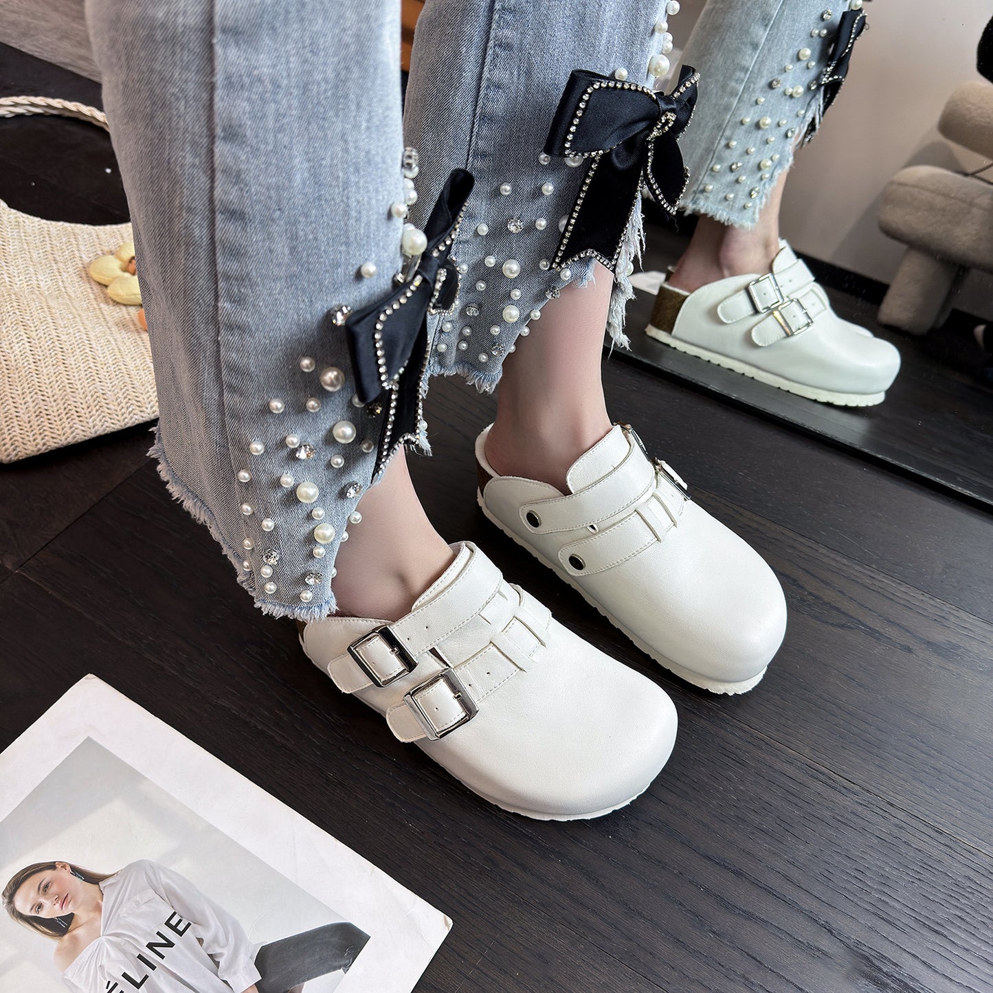 Women's Left Right Cowhide With Sheepskin Platform Slippers