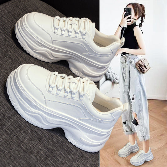 Women's White Retro Easy Matching Height Increasing Sneakers