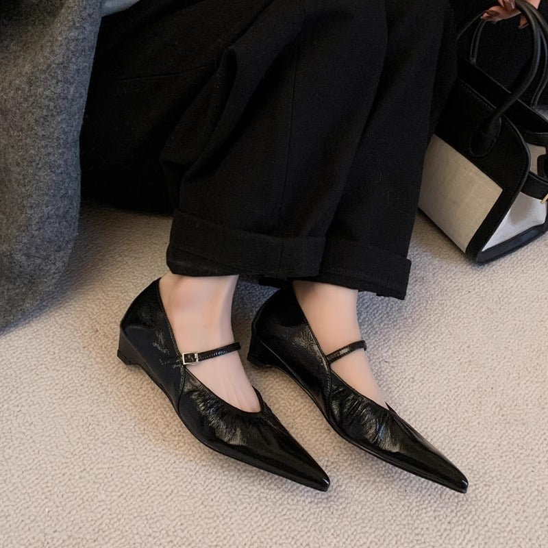 Women's Sheepskin Pointed Toe Mary Jane With Chunky Flat Shallow Women's Fashion Shoes