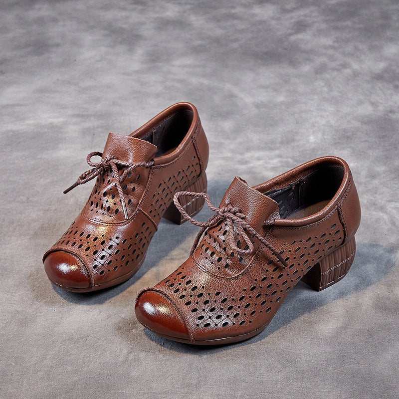 Women's Hollow Breathable First Layer Cowhide High Soft Heels