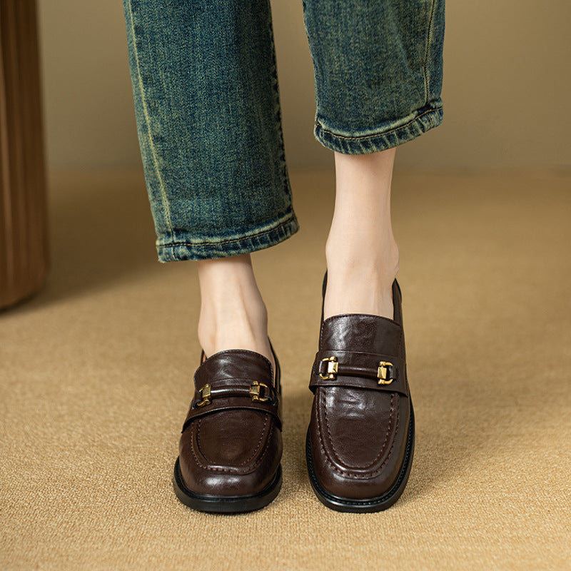 Buckle One Pedal Flat Bottom Pumps Female British Leather Shoes