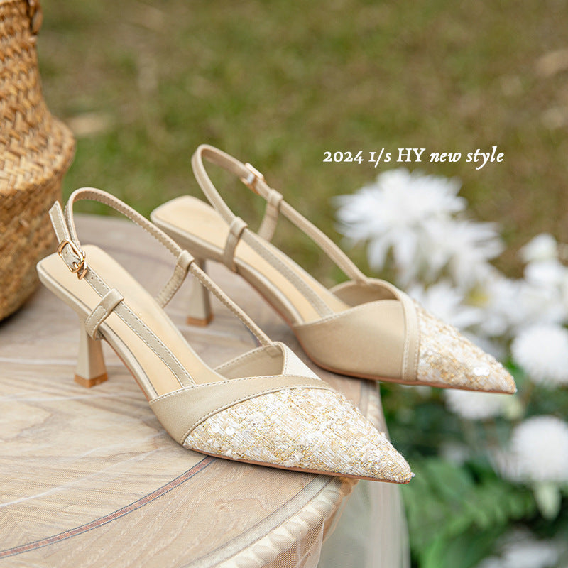 Women's Stitching Closed Toe Sheepskin Pointed Back Sandals