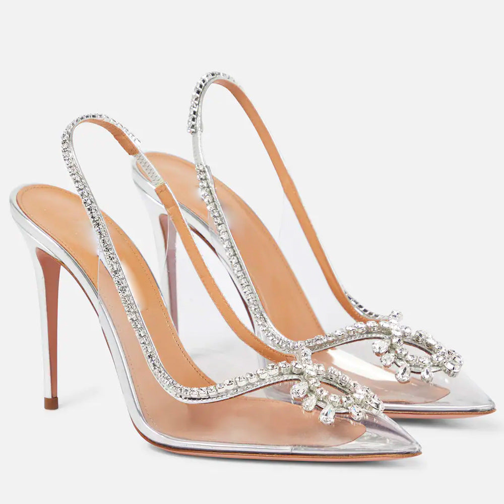 Women's Pointed Toe Sier Transparent Rhinestone Chain Heels