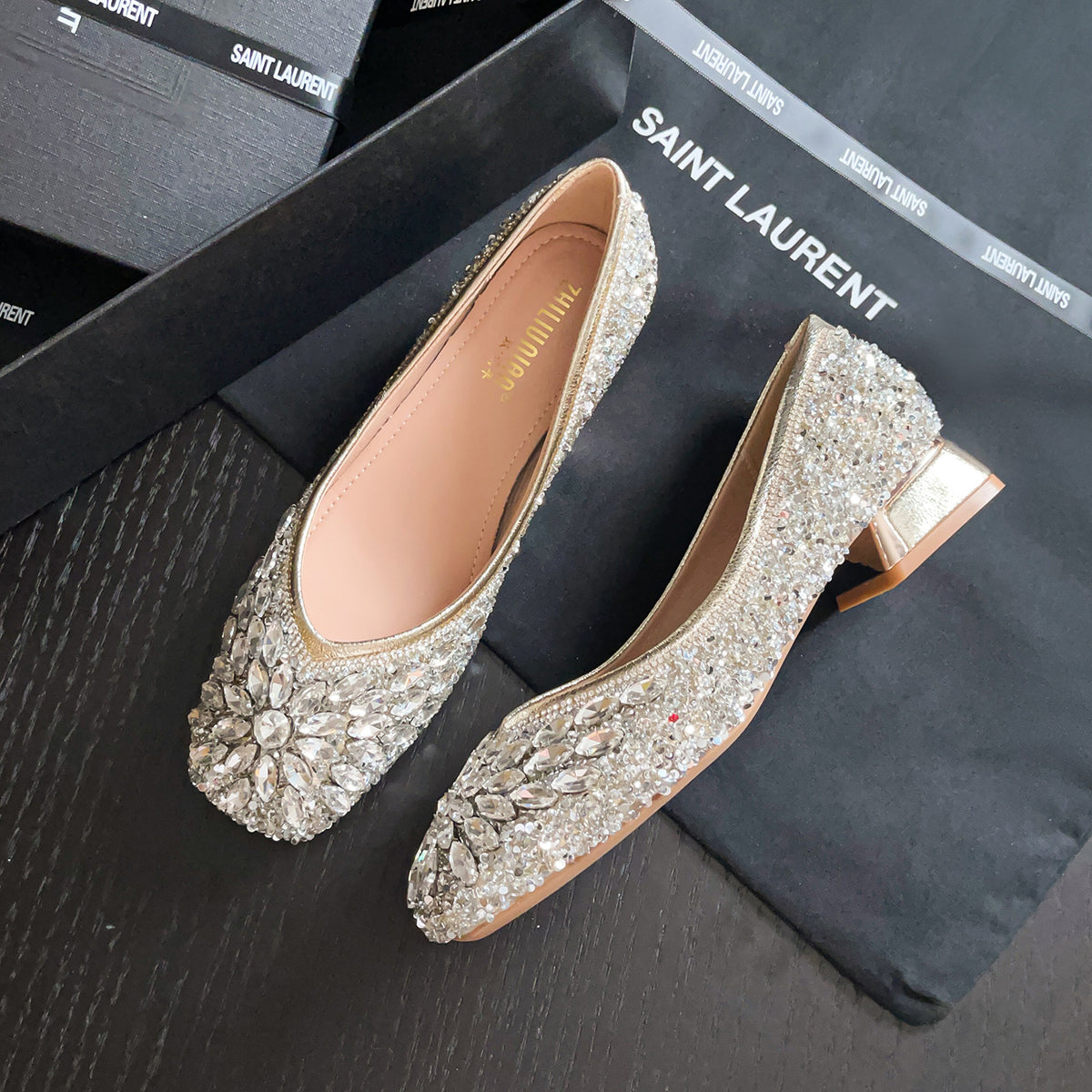 Women's Soft Bottom Mid Full Diamond Pumps Rhinestone Low-cut Heels