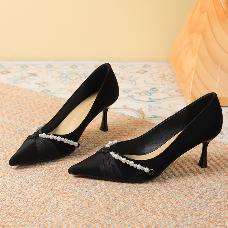 Women's Twisted Pearl Wedding Bridal Satin Sheepskin Elegant High Heels