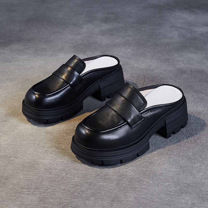 Women's Layer Cowhide Platform Mules One Pedal Small Toe Box Slippers
