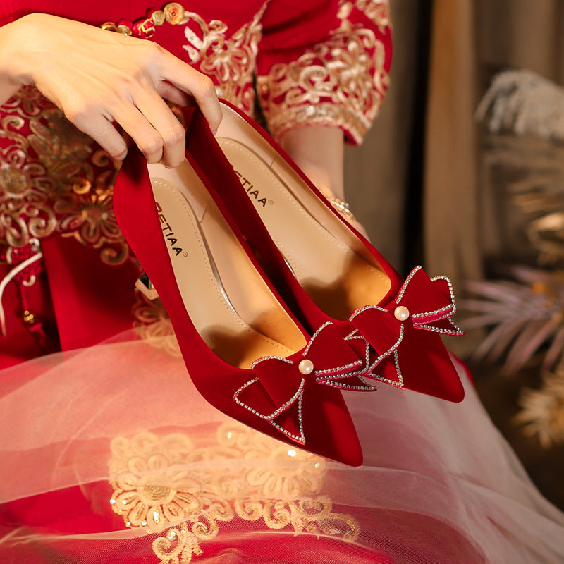 Red High Stiletto Wedding Bow Toast Not Tired Feet Heels